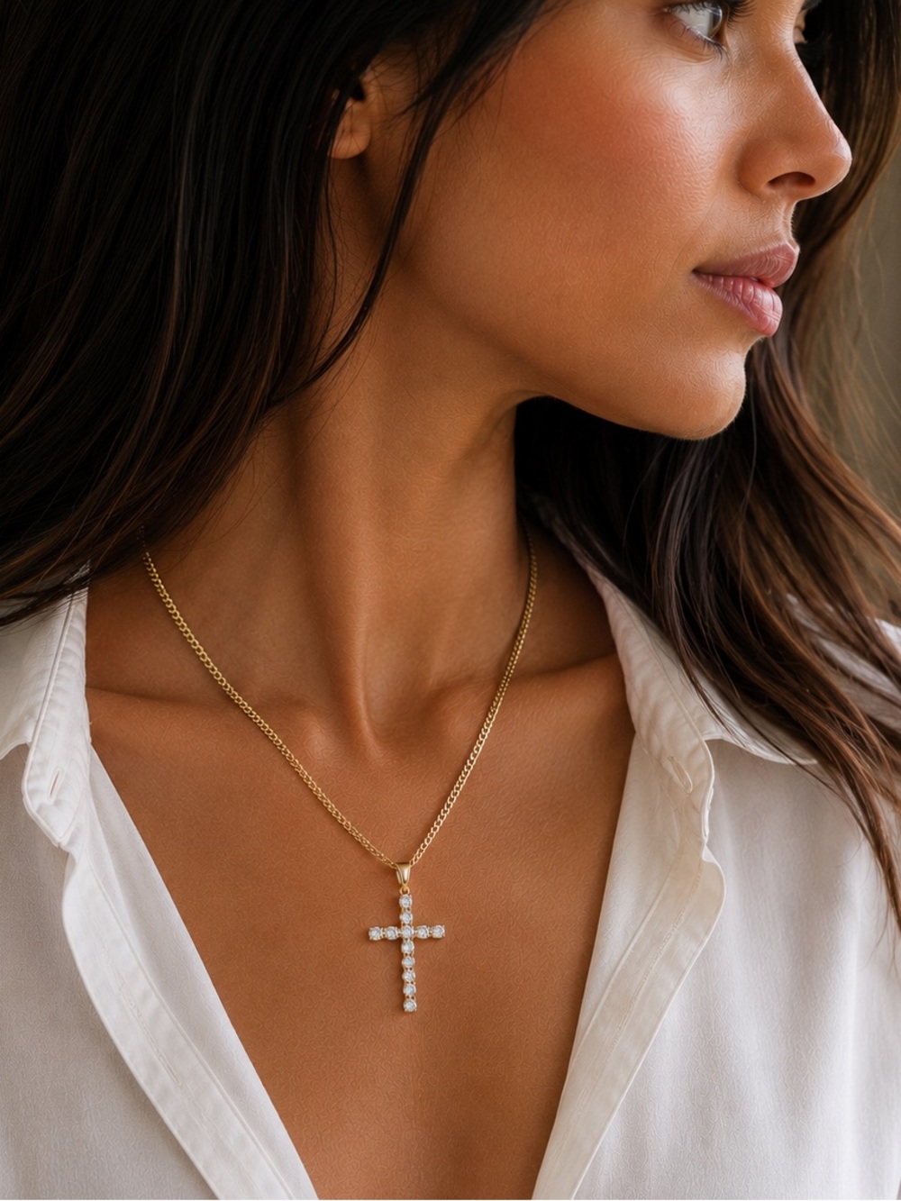 Women’s Gold Cross Pendant Necklace with Cubic Zirconia, 18K Gold Plated, Gift